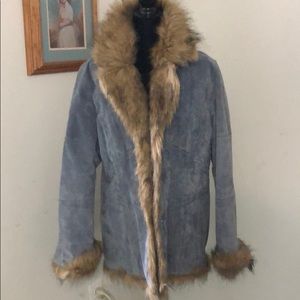 Blue suede faux fur trimmed coat.  Size 12/14